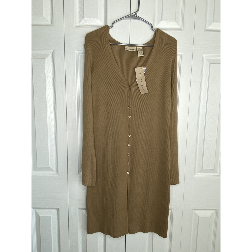 Sweater Dress Vintage Y2K Apostrophe V-Neck Button-up Ribbed Camel Tan NOS Sz S